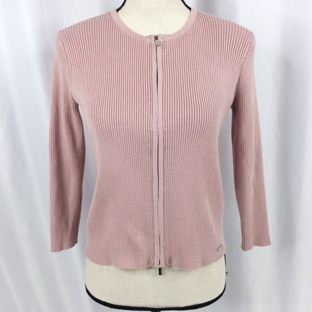 Tahari Cardigan Sweater Womens Size Medium Pink Double Full Zip Ribbed Crop